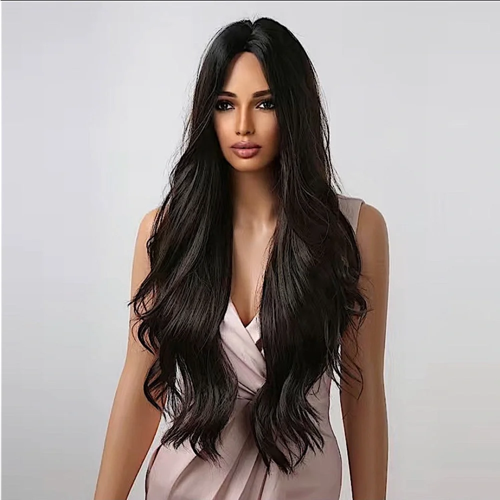 Dark Brown Long Layer Wavy Wig 28 Inches